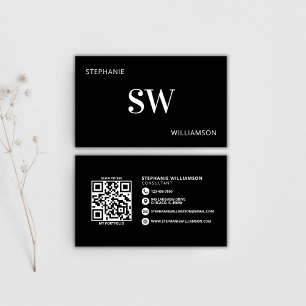 Moderner QR-Code für Monogramm Minimal Schwarz/Wei Visitenkarte