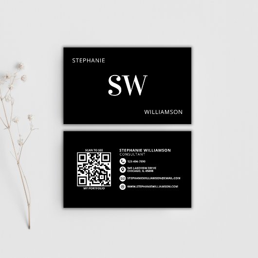 Moderner QR-Code für Monogramm Minimal Schwarz/Wei Visitenkarte