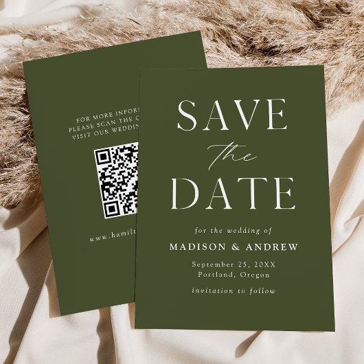 Moderner QR-Code für Olive Green Save The Date