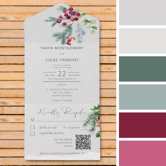 Moderner QR-Code für Pine Berries & Snow Gray All In One Einladung