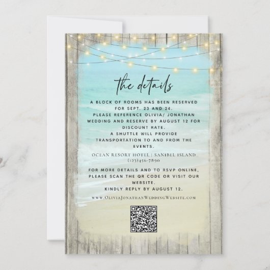 Moderner QR-Code für rustikale Hochzeiten am Stran Einladung (Rückseite)