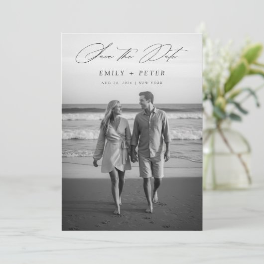 Moderner QR-Code für Schwarz und Weiß 2 Foto Save Einladung (Stehend Vorderseite)