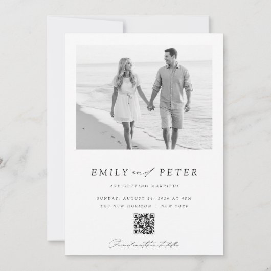 Moderner QR-Code für Schwarz und Weiß 2 Foto Save Einladung (Rückseite)