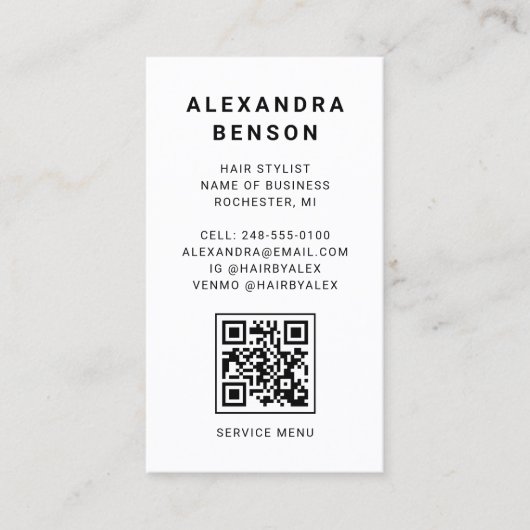 Moderner QR-Code für Schwarz-Weiß-Marmor Visitenkarte (Vorderseite)