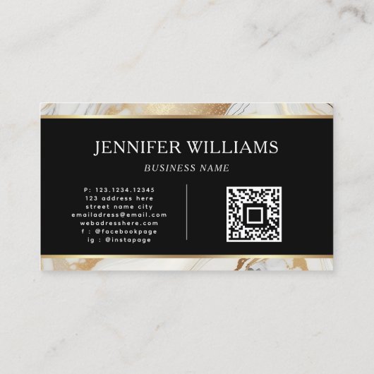Moderner QR Code Gold Weißer Marmor Elegant Visitenkarte (Rückseite)