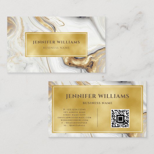 Moderner QR Code Gold Weißer Marmor Elegant Visitenkarte (Vorne/Hinten)