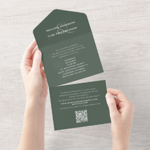 Moderner QR Code Hochzeit RSVP Moss Green All In One Einladung