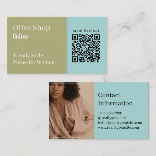 Moderner QR-Code | Light Blue and Olive Green Visitenkarte (Vorne/Hinten)