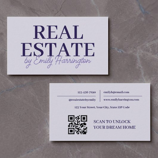Moderner QR-Code Lila Immobilienmakler Visitenkarte