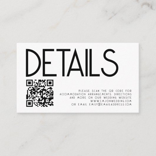Moderner QR-Code Schwarz-weiße Hochzeitdetails Begleitkarte (Vorderseite)