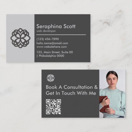 Moderner QR Code Tech Savvy Sleek Schwarz Grau sau Visitenkarte (Vorne/Hinten)