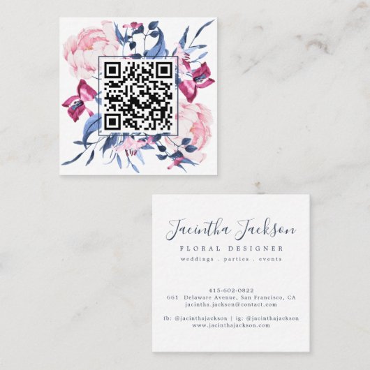 Moderner QR-Code Wasserfarbe Blau Rosa Elegant Quadratische Visitenkarte (Vorne/Hinten)