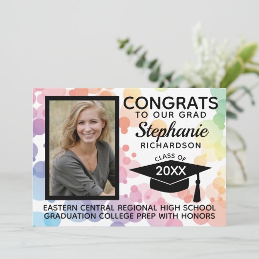 Moderner Rainbow Bokeh Bubbles Foto Abschluss Einladung (Stehend Vorderseite)