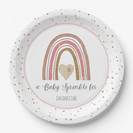 Moderner Rainbow Glitzer Pink Gold Baby Sprinkle Pappteller (Vorderseite)