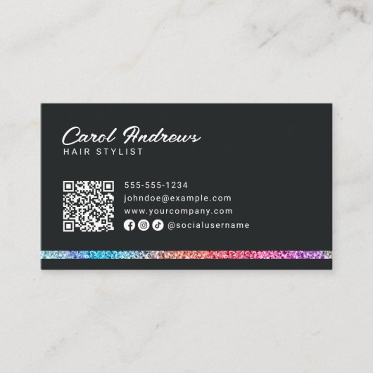 Moderner Rainbow-Glitzer und Black-Friseur QR-Code Visitenkarte (Vorderseite)