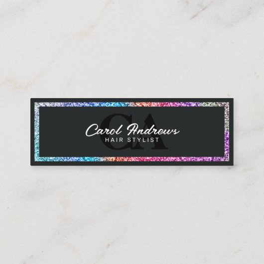 Moderner Rainbow-Glitzer und schwarzer Haarstylist Mini Visitenkarte (Rückseite)