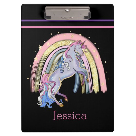 Moderner Rainbow Unicorn-Glitzer Klemmbrett (Vorderseite)