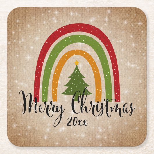 Moderner Rainbow Weihnachtsbaum 20xx Add Year Rechteckiger Pappuntersetzer (Vorderseite)