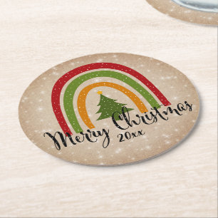 Moderner Rainbow Weihnachtsbaum 20xx Add Year Runder Pappuntersetzer