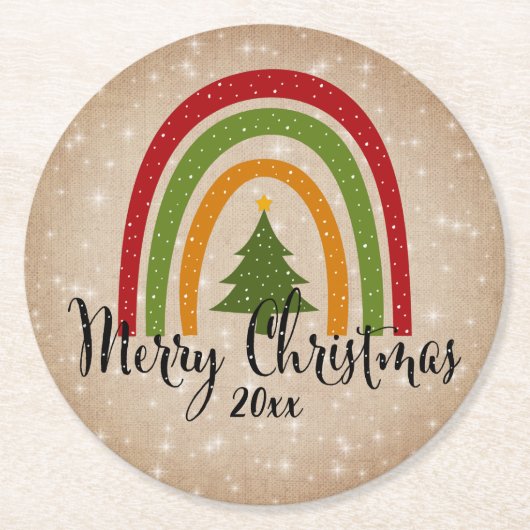 Moderner Rainbow Weihnachtsbaum 20xx Add Year Runder Pappuntersetzer (Vorderseite)