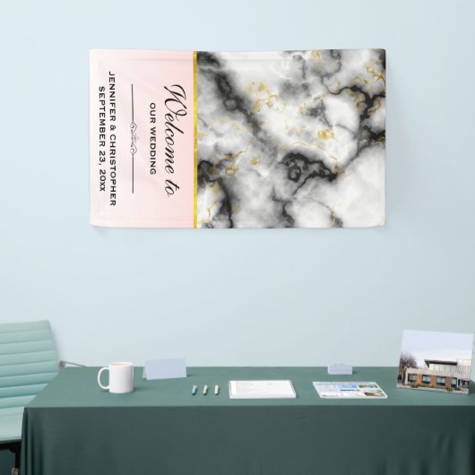 Moderner, rauchiger grauer Marmor mit goldfarbener Banner (Messeveranstaltung)