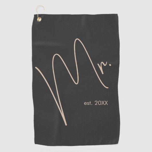 Moderner Raum | Beige + Schwarzes Skript Golfhandtuch (Vorderseite)
