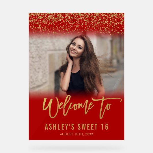 Moderner Red Gold Glitzer Sweet 16 Foto Willkommen Acrylschild (Vorderseite)