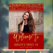 Moderner Red Gold Glitzer Sweet 16 Foto Willkommen Acrylschild (Neutral)