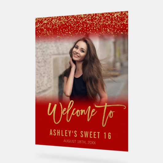 Moderner Red Gold Glitzer Sweet 16 Foto Willkommen Acrylschild (Winkel)