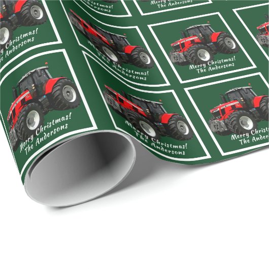Moderner Red Traktor zu grünen Weihnachten Geschenkpapier (Rolleneckpunkt)