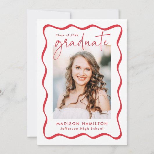 Moderner Red Wavy Frame 2 Foto Abschluss Ankündigung (Vorderseite)