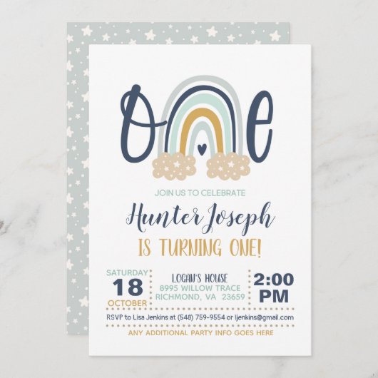 Moderner Regenbogen Erstgeburt Einladung - Boy LB (Vorne/Hinten)