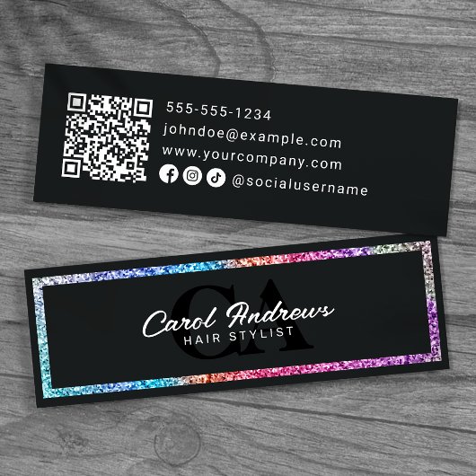 Moderner Regenbogen-Glitter und schwarzer QR-Code Mini Visitenkarte