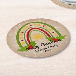 Moderner Regenbogen Weihnachten 20xx Jahr Text Runder Pappuntersetzer