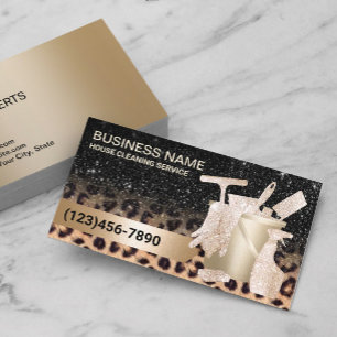 Moderner Reinigungsdienst Leopard & Gold Glitter Visitenkarte