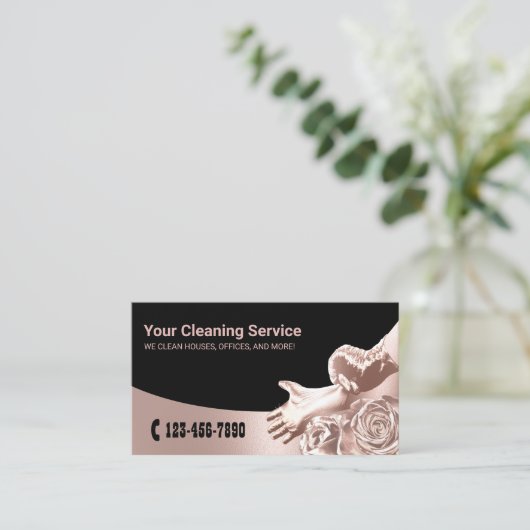 Moderner Reinigungsservice Rose Gold Floral House Visitenkarte (Stehend Vorderseite)