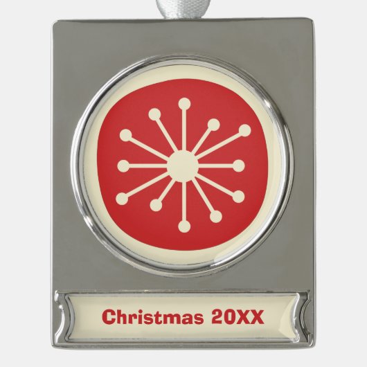 Moderner Retro-50er Atomi Personalisiert Mitte des Banner-Ornament Silber (Vorderseite)