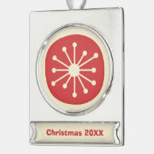 Moderner Retro-50er Atomi Personalisiert Mitte des Banner-Ornament Silber (Links)