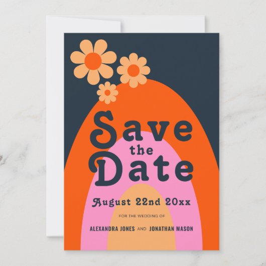 Moderner Retro 70er Daisy Wedding Save The Date (Vorderseite)