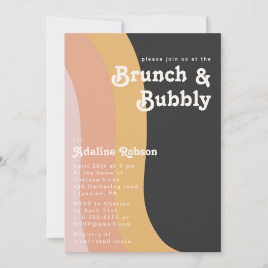 Moderner Retro 70er Rainbow Dark Brunch und Bubbly Einladung (Vorderseite)