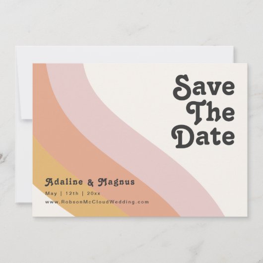 Moderner Retro-70er-Regenbogen Save the Date horiz (Vorderseite)