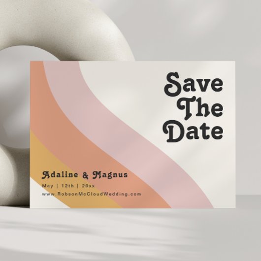 Moderner Retro-70er-Regenbogen Save the Date horiz