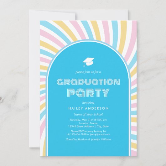 Moderner Retro Blue Arches 80er Abschluss Einladung (Vorderseite)