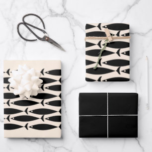 Moderner Retro-Fisch Schwarz und Mandelkrebs Geschenkpapier Set