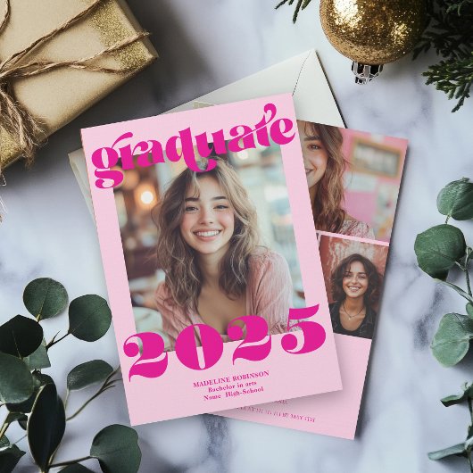 Moderner Retro Hot Pink 4 Foto Abschluss Einladung