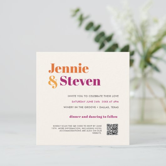 Moderner Retro-Lila Orange-QR-CODE Einladung (Stehend Vorderseite)