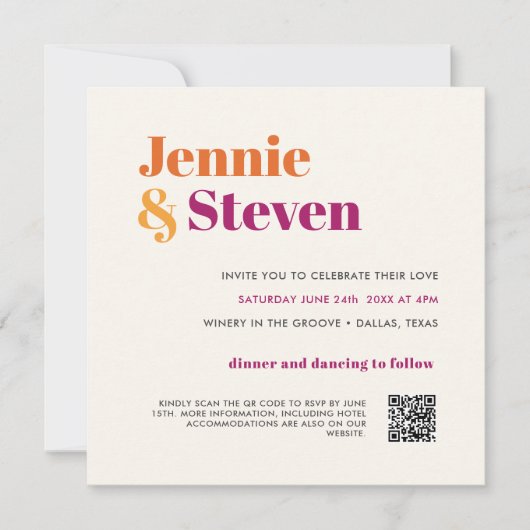 Moderner Retro-Lila Orange-QR-CODE Einladung (Vorderseite)