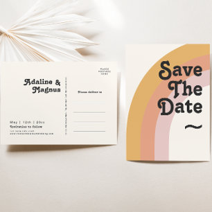 Moderner Retro Regenbogen der 70er Save The Date Einladungspostkarte