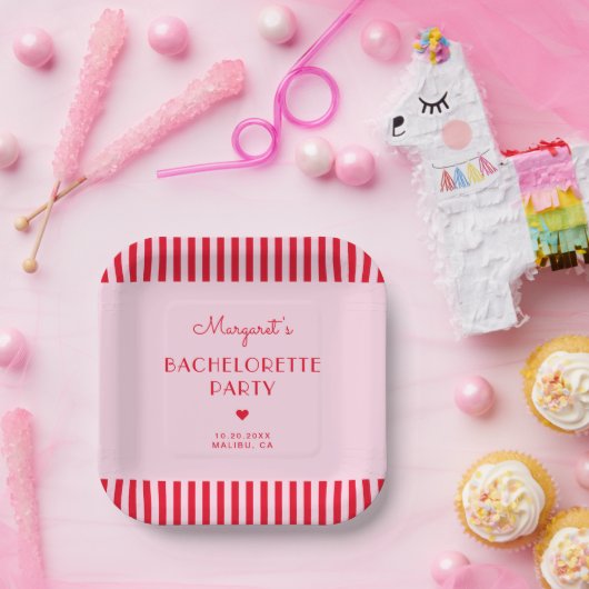 Moderner Retro-Rosa- und Rote Streifen Junggeselin Pappteller (Party)