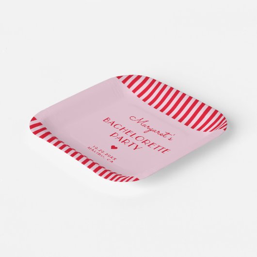 Moderner Retro-Rosa- und Rote Streifen Junggeselin Pappteller (Gewinkelt)